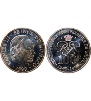 MONACO, RAINIER III, Anniversaire de règne - 100 FRANCS ARGENT 1999 2