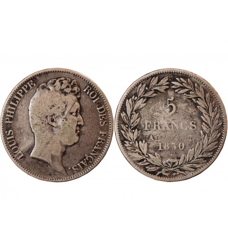 LOUIS PHILIPPE﻿ - 5 FRANCS 1830 A PARIS "Sans Le I, Tr en relief"