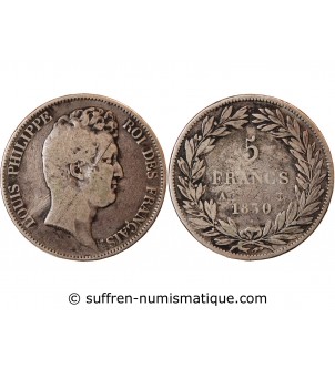 LOUIS PHILIPPE﻿ - 5 FRANCS 1830 A PARIS "Sans Le I, Tr en relief"