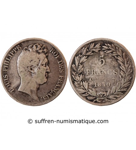 LOUIS PHILIPPE﻿ - 5 FRANCS 1830 A PARIS "Sans Le I, Tr en relief"