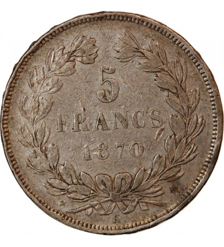 CERES - 5 FRANCS ARGENT 1870 k BORDEAUX  "Sans légende"