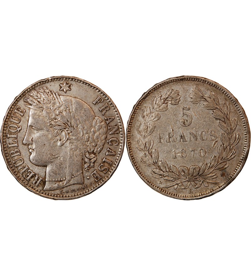 CERES - 5 FRANCS ARGENT 1870 k BORDEAUX  "Sans légende"
