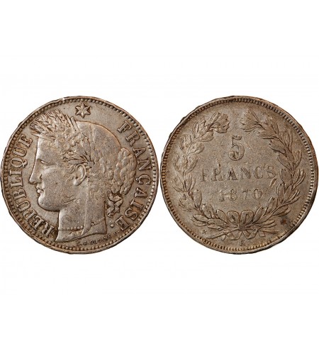 CERES - 5 FRANCS ARGENT 1870 k BORDEAUX  "Sans légende"