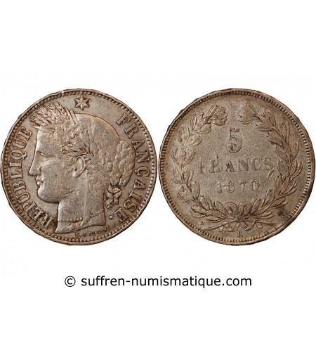 CERES - 5 FRANCS ARGENT 1870 k BORDEAUX  "Sans légende"