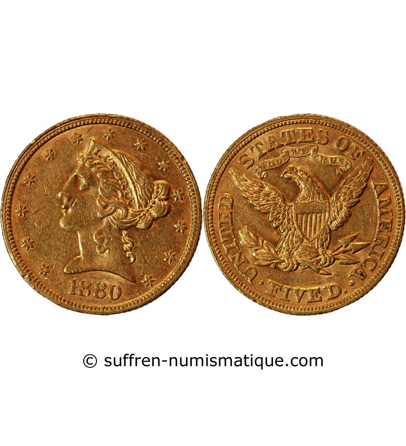 USA, LIBERTY - 5 DOLLARS OR 1880 PHILADELPHIE﻿