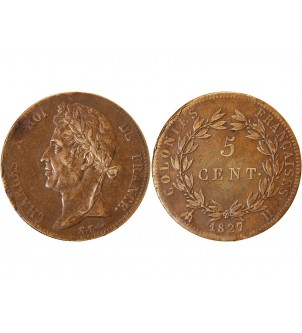 COLONIES, MARTINIQUE et GUADELOUPE, CHARLES X - 5 CENTIMES 1827 H LA ROCHELLE 2