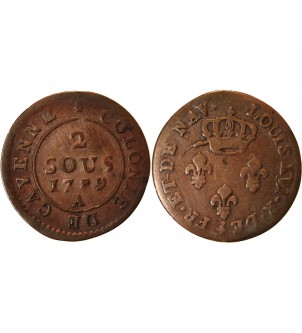 COLONIES, CAYENNE, LOUIS XVI - 2 SOUS 1789 A PARIS 2
