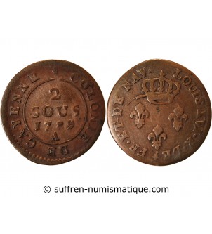 COLONIES, CAYENNE, LOUIS XVI - 2 SOUS 1789 A PARIS