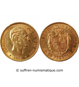 ESPAGNE, ALFONSO XII - 25 PESETAS OR  1877