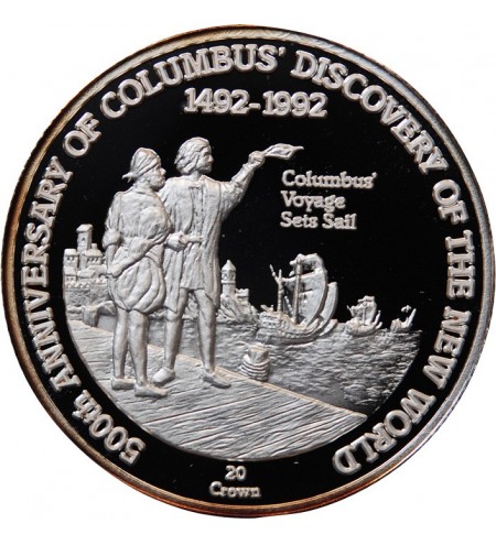 ILES TURQUES ET CAIQUES - CROWN ARGENT 1992 "Colombus voyage sets sail"