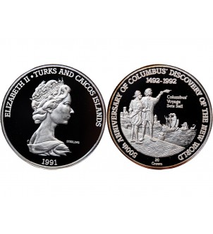 ILES TURQUES ET CAIQUES - CROWN ARGENT 1992 "Colombus voyage sets sail" 2