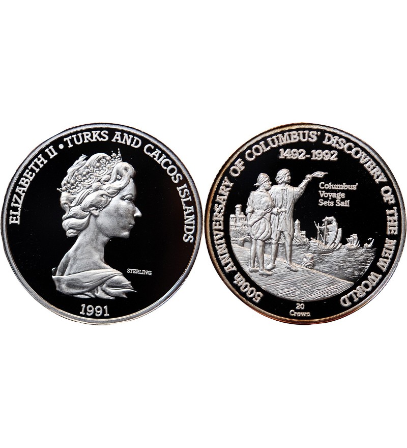 ILES TURQUES ET CAIQUES - CROWN ARGENT 1992 "Colombus voyage sets sail"