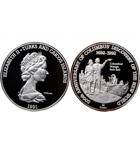 ILES TURQUES ET CAIQUES - CROWN ARGENT 1992 "Colombus voyage sets sail"