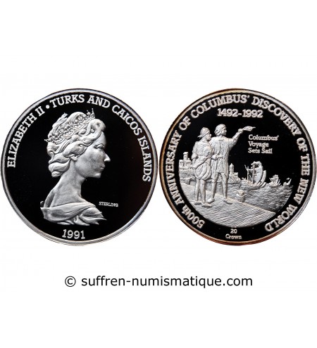 ILES TURQUES ET CAIQUES - CROWN ARGENT 1992 "Colombus voyage sets sail"