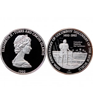 ILES TURQUES ET CAIQUES - CROWN ARGENT 1992 "Colombus explores the caribbean" 2