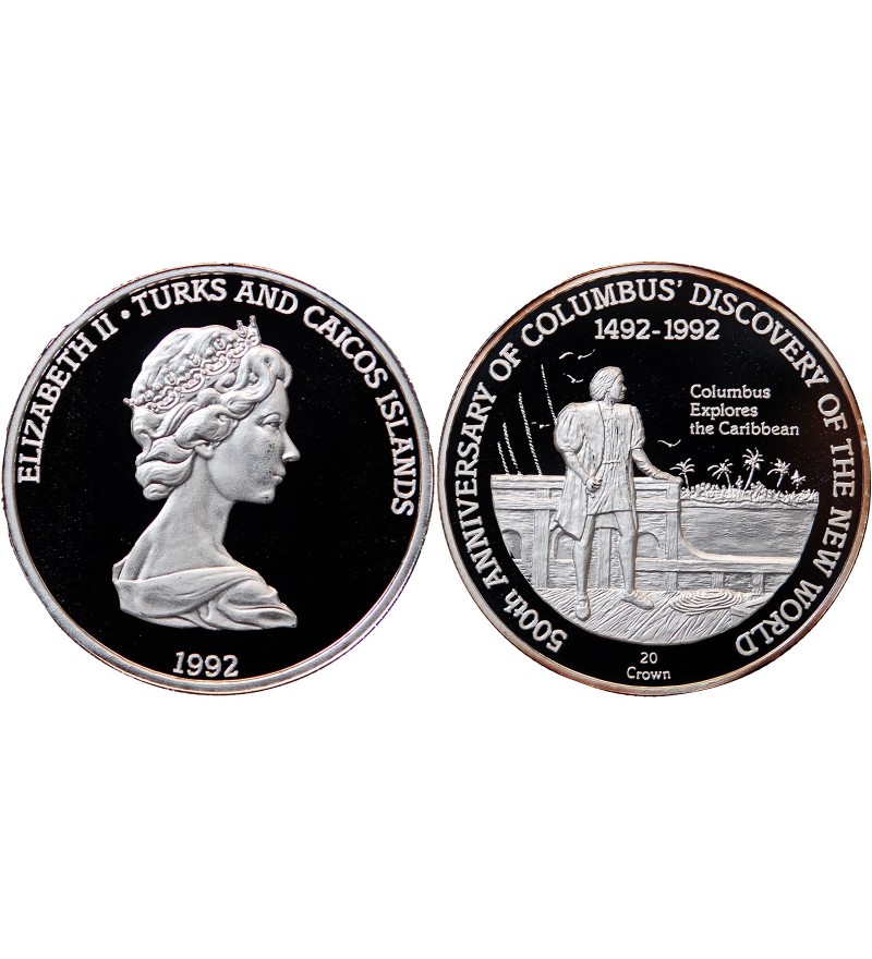 ILES TURQUES ET CAIQUES - CROWN ARGENT 1992 "Colombus explores the caribbean"