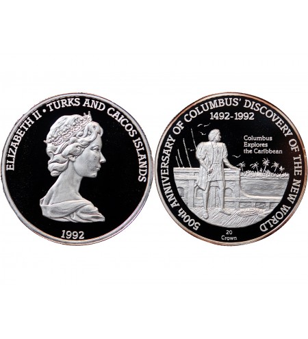 ILES TURQUES ET CAIQUES - CROWN ARGENT 1992 "Colombus explores the caribbean"