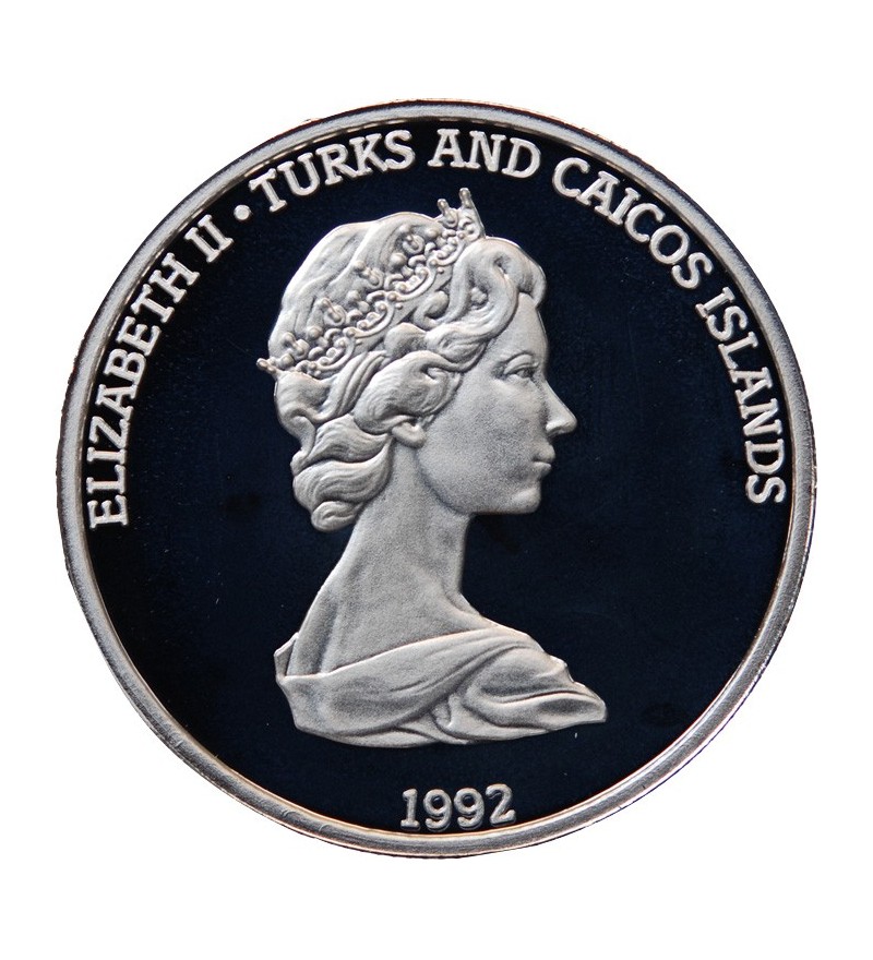 ILES TURQUES ET CAIQUES - CROWN ARGENT 1992 "Colombus claims land for spain"