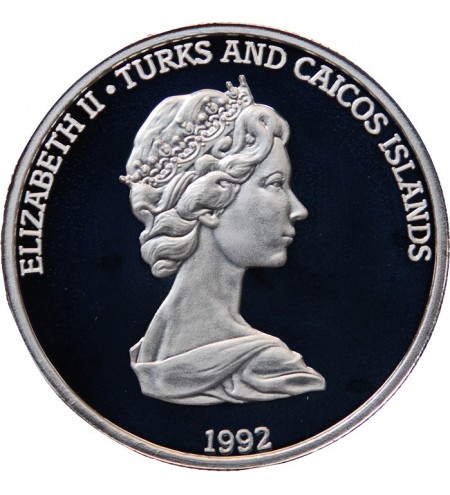 ILES TURQUES ET CAIQUES - CROWN ARGENT 1992 "Colombus claims land for spain"