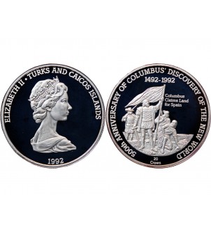 ILES TURQUES ET CAIQUES - CROWN ARGENT 1992 "Colombus claims land for spain" 2