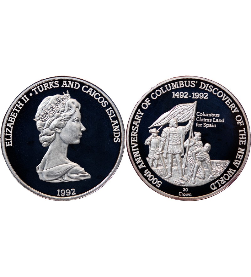 ILES TURQUES ET CAIQUES - CROWN ARGENT 1992 "Colombus claims land for spain"