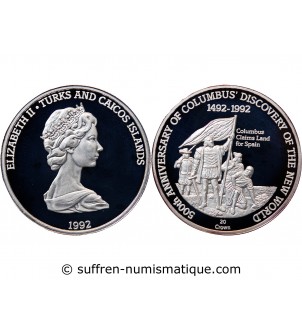 ILES TURQUES ET CAIQUES - CROWN ARGENT 1992 "Colombus claims land for spain"