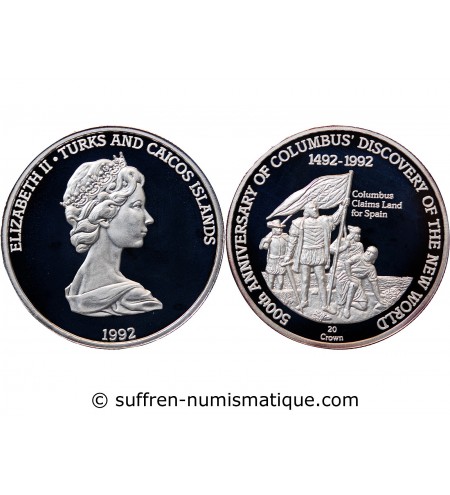 ILES TURQUES ET CAIQUES - CROWN ARGENT 1992 "Colombus claims land for spain"
