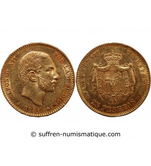 ESPAGNE, ALFONSO XII - 25 PESETAS OR  1881