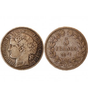 CERES - 5 FRANCS ARGENT 1871 k BORDEAUX  "Sans légende" 2