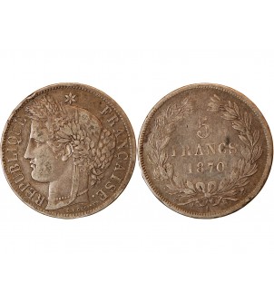 CERES - 5 FRANCS ARGENT 1870 k BORDEAUX  "Sans légende" 2