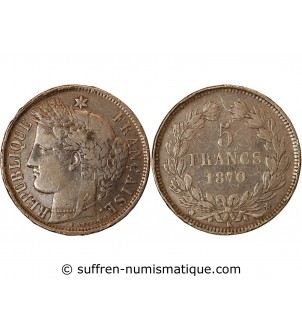 CERES - 5 FRANCS ARGENT 1870 k BORDEAUX  "Sans légende"