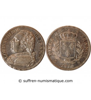 LOUIS XVIII - 5 FRANCS ARGENT 1814 M TOULOUSE