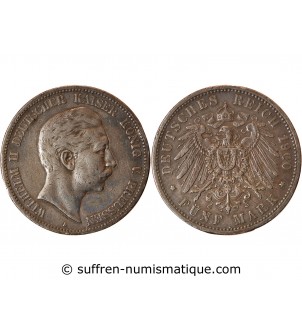 ALLEMAGNE, PRUSSE, WILHELM II - 5 MARK ARGENT 1900 A