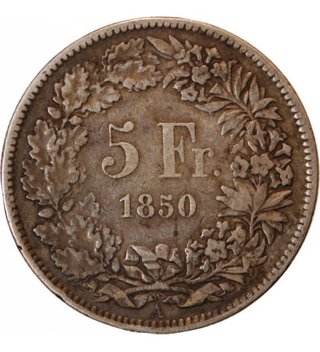 SUISSE, CONFEDERATION HELVETIQUE - 5 FRANCS ARGENT 1850 A RARE