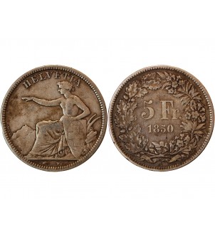 SUISSE, CONFEDERATION HELVETIQUE - 5 FRANCS ARGENT 1850 A RARE 2