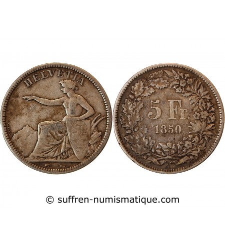 SUISSE, CONFEDERATION HELVETIQUE - 5 FRANCS ARGENT 1850 A RARE