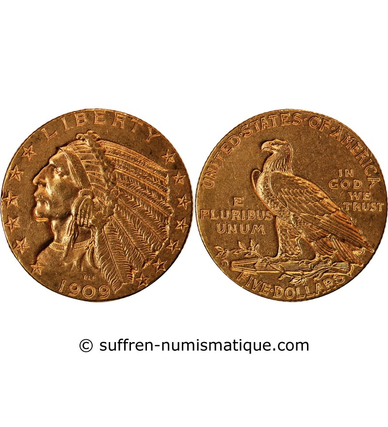 USA, INDIEN - 5 DOLLARS OR 1909 D DENVER