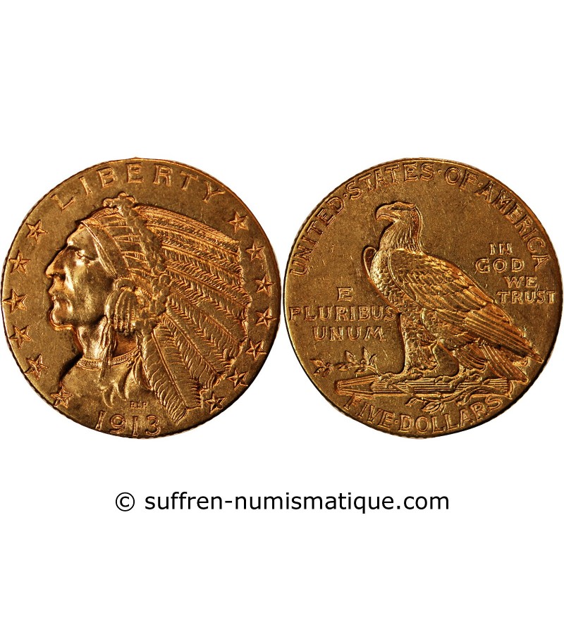 USA, INDIEN - 5 DOLLARS OR 1913 PHILADELPHIE
