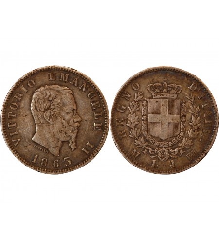 ITALIE, VICTOR EMMANUEL II - 1 LIRA ARGENT 1863 M MILAN