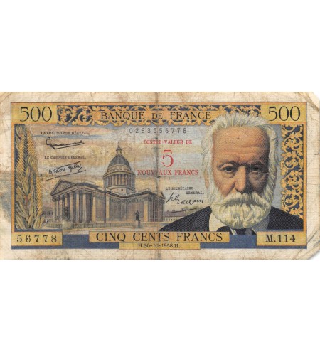 FRANCE, VICTOR HUGO, 5 NF / 500 FRANCS 30.10.1958