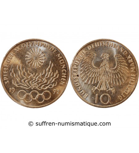 ALLEMAGNE, FLamme JO MUNICH - 10 MARK ARGENT 1972 G KARLSRUHE﻿