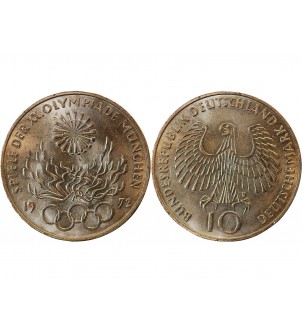 ALLEMAGNE, Flamme JO MUNICH - 10 MARK ARGENT 1972 D MUNICH 2