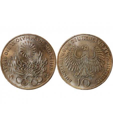 ALLEMAGNE, Flamme JO MUNICH - 10 MARK ARGENT 1972 D MUNICH
