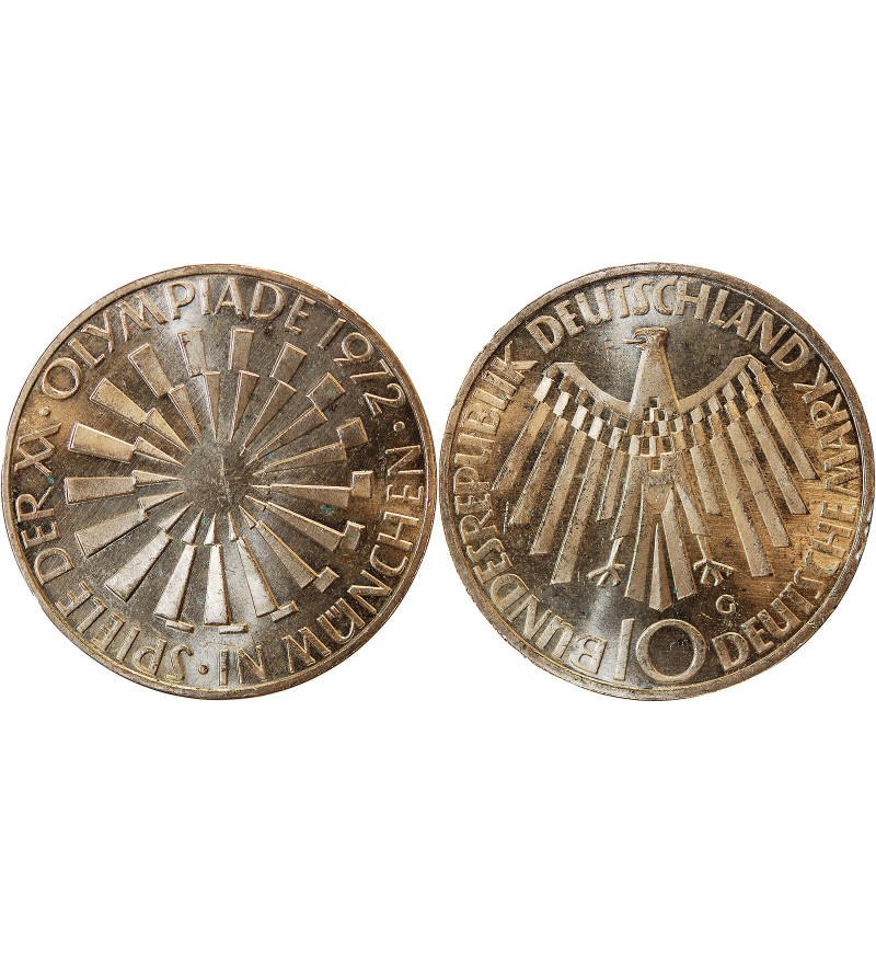 ALLEMAGNE, Emblème des JO MUNICH - 10 MARK ARGENT 1972 G KARLSRUHE