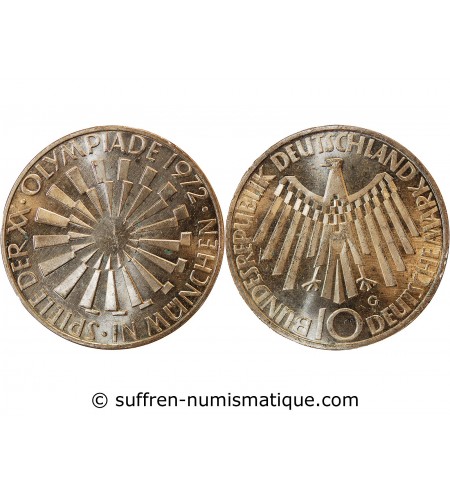 ALLEMAGNE, Emblème des JO MUNICH - 10 MARK ARGENT 1972 G KARLSRUHE