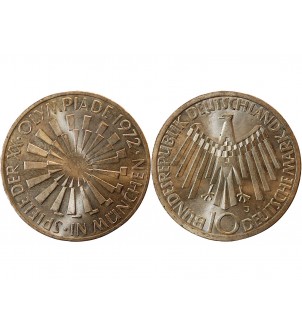 ALLEMAGNE, Emblème des JO MUNICH - 10 MARK ARGENT 1972 J HAMBOURG 2