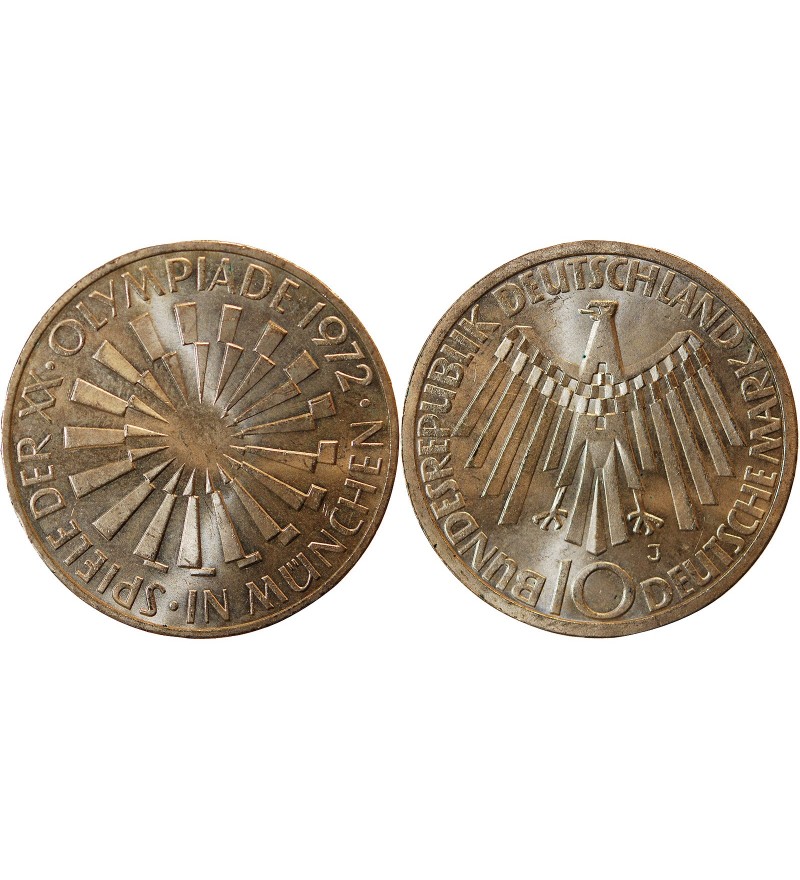 ALLEMAGNE, Emblème des JO MUNICH - 10 MARK ARGENT 1972 J HAMBOURG