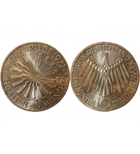 ALLEMAGNE, Emblème des JO MUNICH - 10 MARK ARGENT 1972 J HAMBOURG