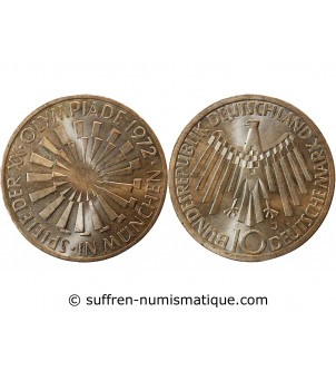 ALLEMAGNE, Emblème des JO MUNICH - 10 MARK ARGENT 1972 J HAMBOURG