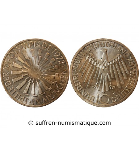 ALLEMAGNE, Emblème des JO MUNICH - 10 MARK ARGENT 1972 J HAMBOURG